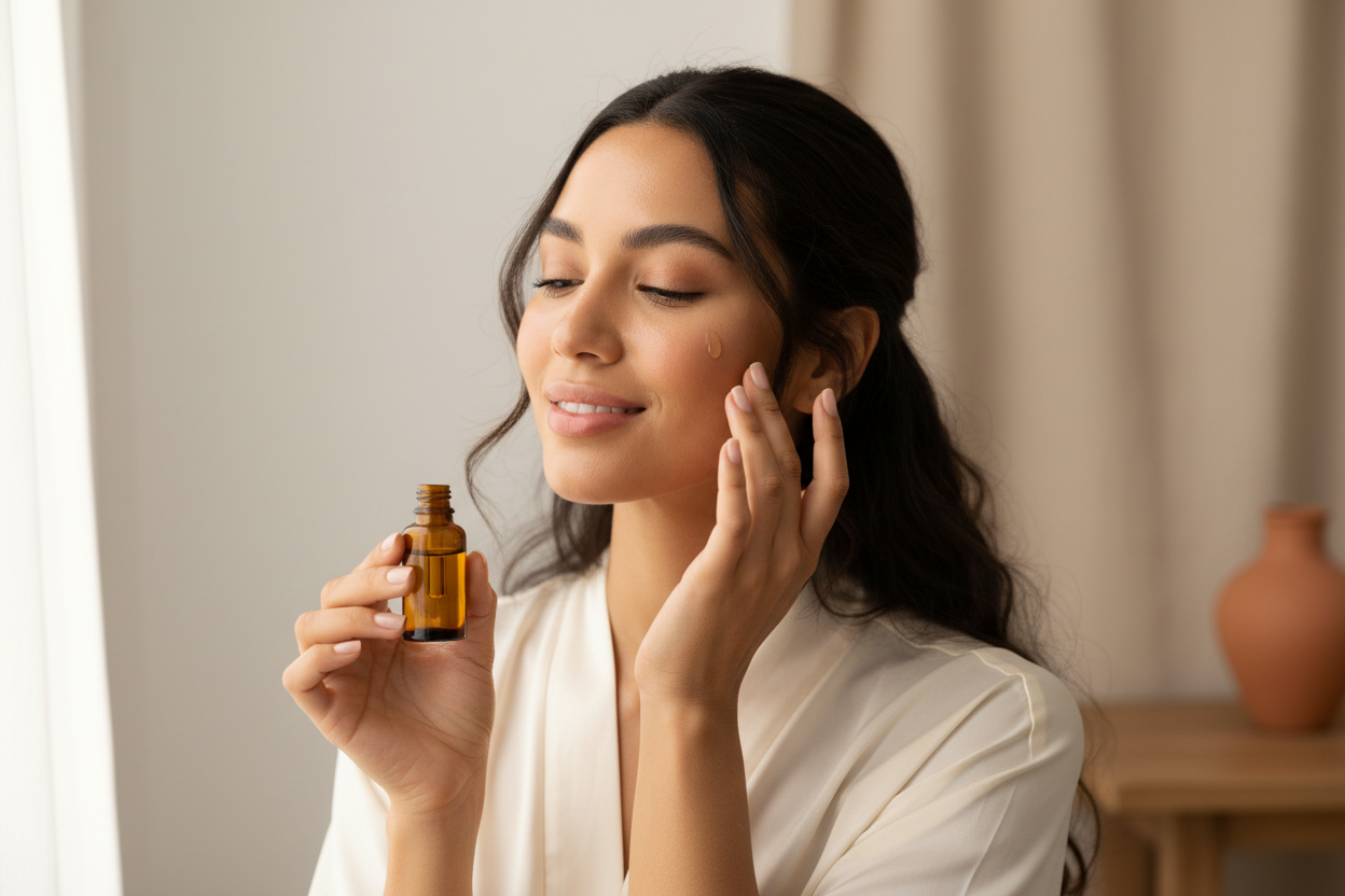 imagen para home con mujer de latam para marca de aceite facial